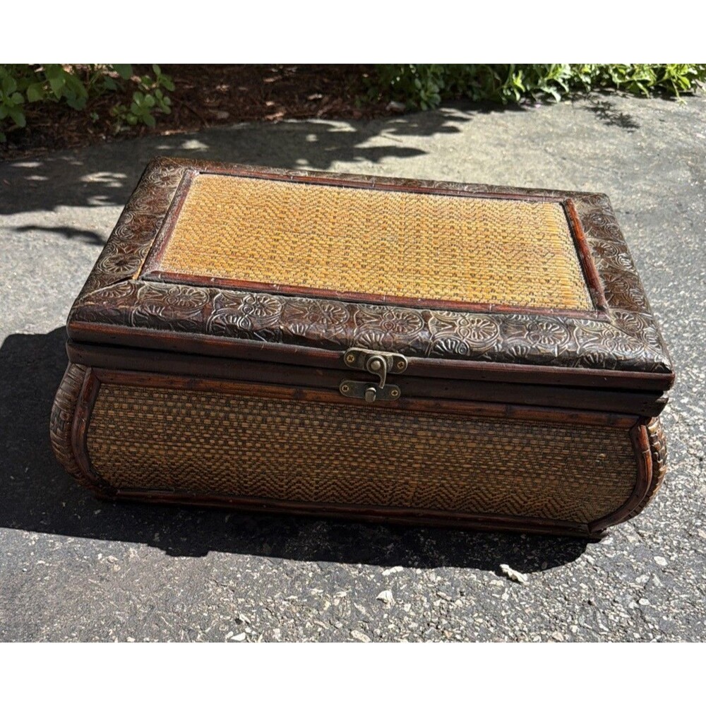 Vintage Rattan & Wood Storage/Tinket Box Chest 15”X 11" X 7"